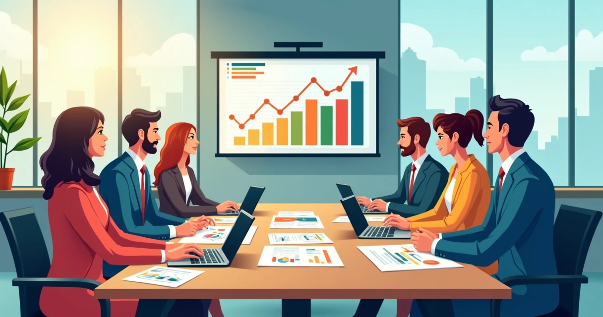 Equipe de gestão analisando relatórios financeiros com gráficos