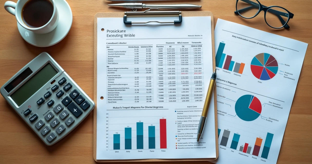 Mesa com calculadora, notebook aberto em planilha financeira e documentos com gráficos de lucro de clínica odontológica 