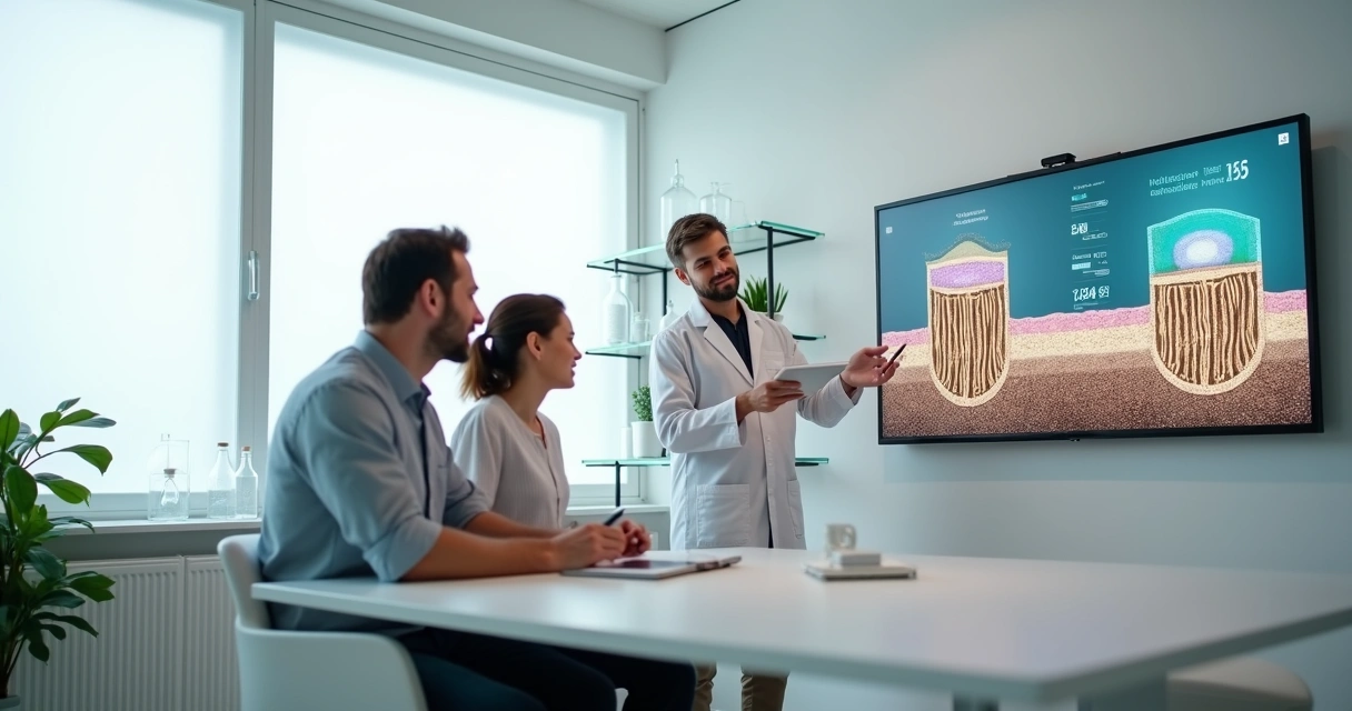 Casal observando fios de cabelo ampliados em tela de laboratório 
