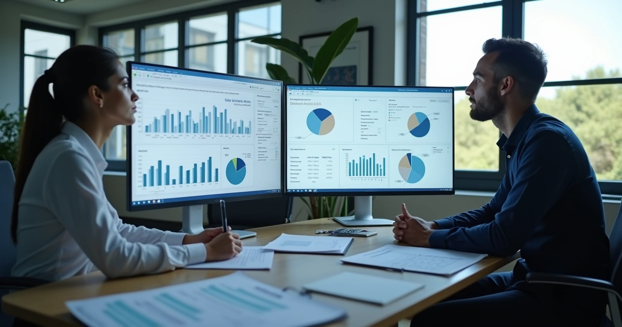 Equipe analisando painéis fiscais em escritório 