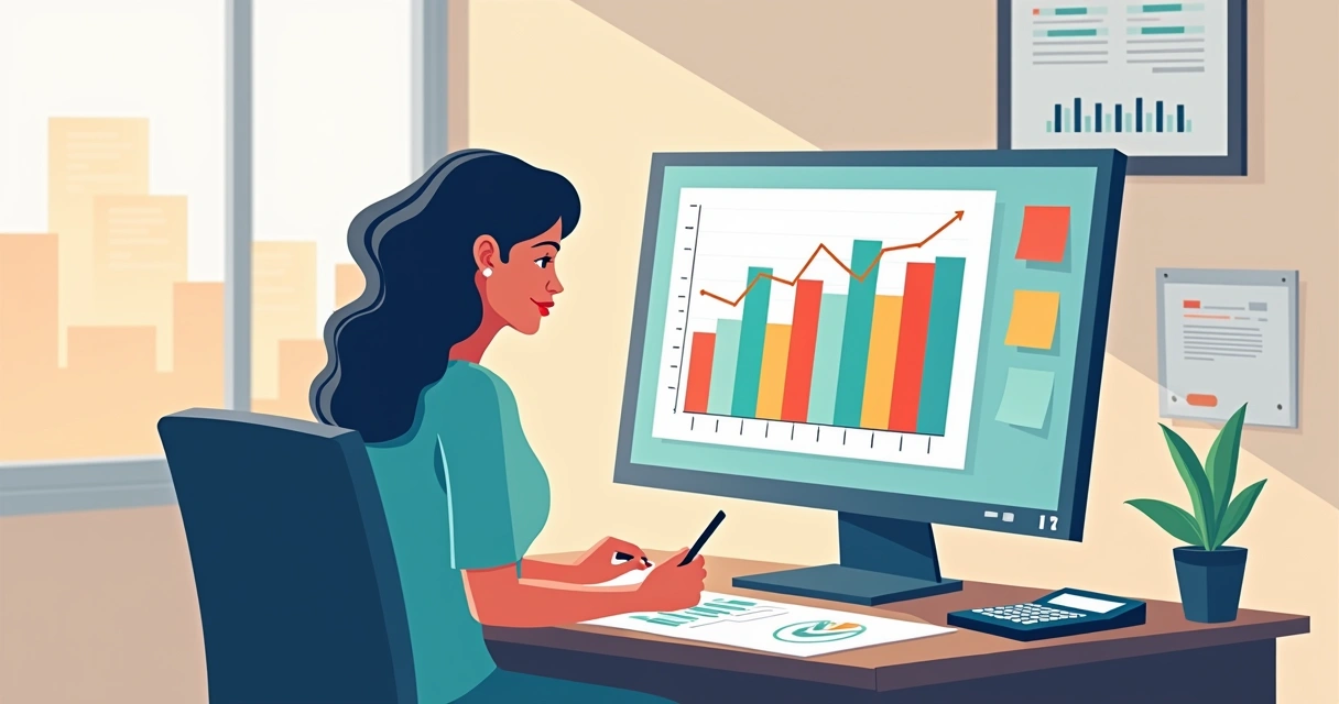 Mulher analisando gráfico de fluxo de caixa em computador com ambiente de escritório ao fundo