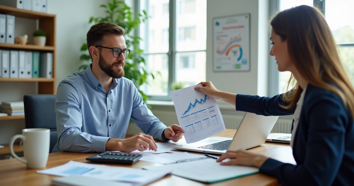 Empresário analisando fluxo de caixa em planilha ao lado de consultora 