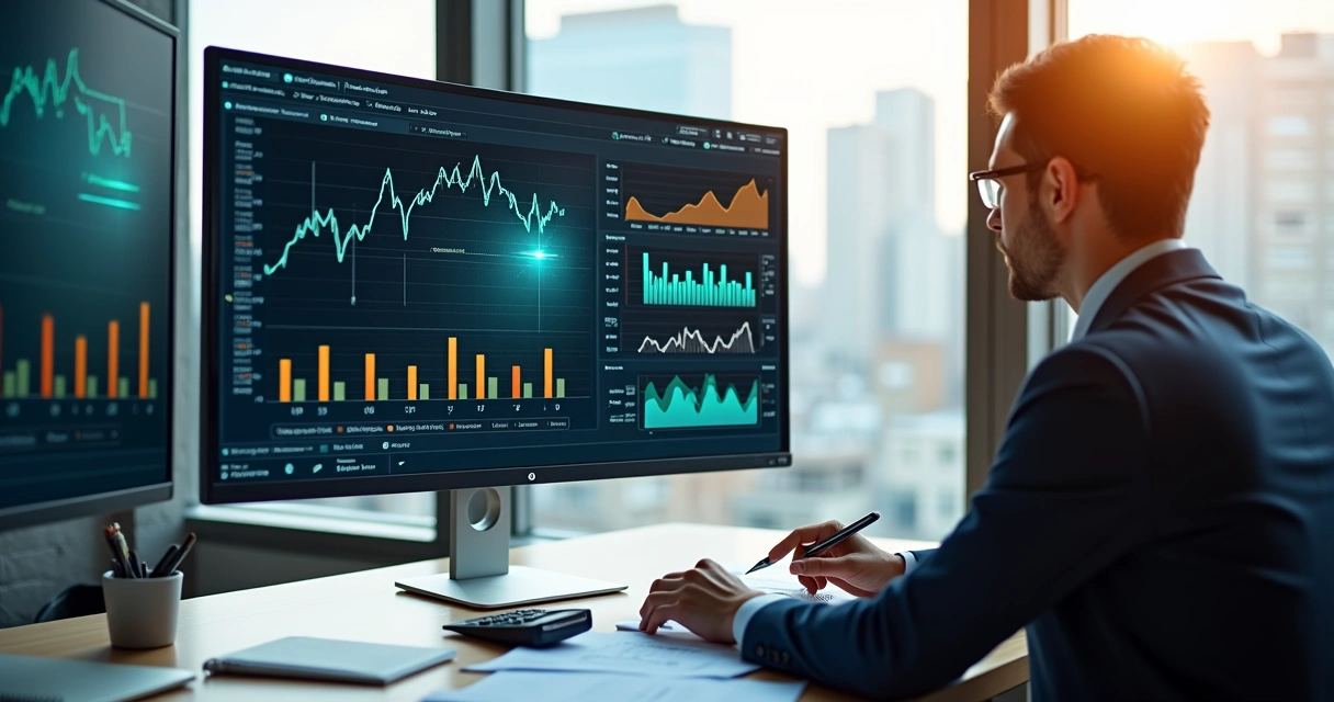Profissional analisa indicadores financeiros e fluxo de caixa no computador 