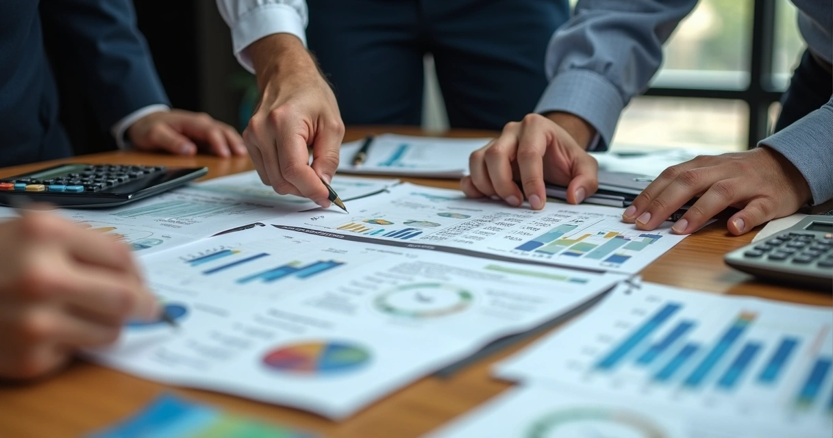 Visão superior de mesa de escritório com planilha financeira industrial, gráficos, cadernos e pessoas discutindo números