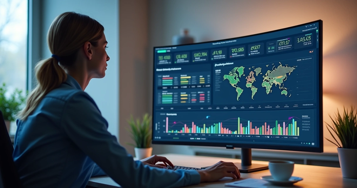 Profissional analisando métricas de vendas em tela cheia 