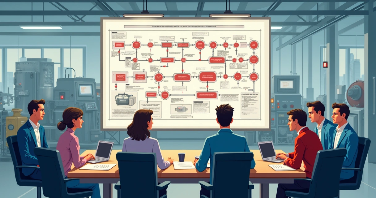 Esquema visual de análise FMEA aplicada em linha de produção industrial 
