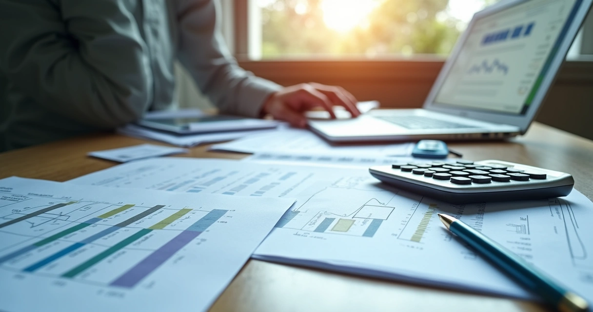 Mesa de escritório com papéis de folha de pagamento, calculadora, laptop e uma caneta sobre documentos financeiros detalhados