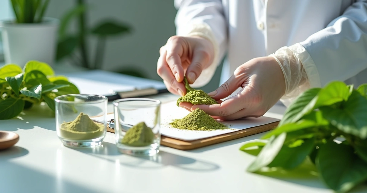 Folhas de moringa sendo avaliadas em bancada limpa 