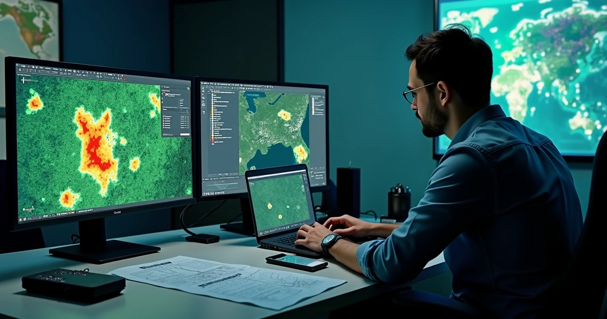 Perito examinando mapa digital e imagens de satélite 