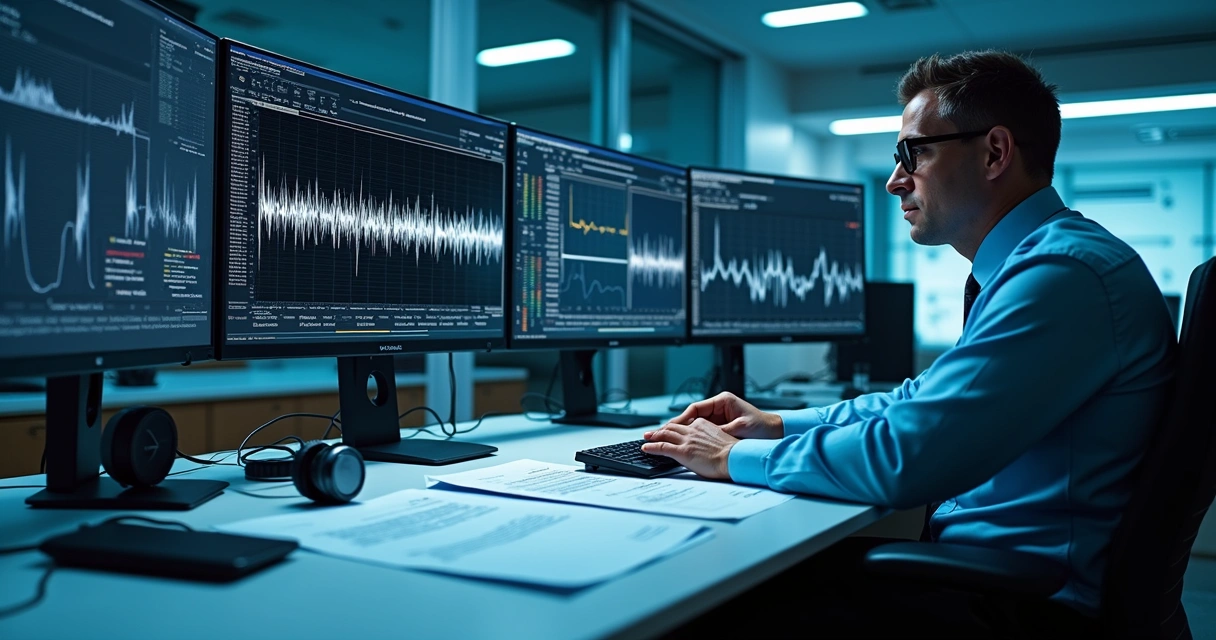 Profissional analisando onda sonora em tela de computador 