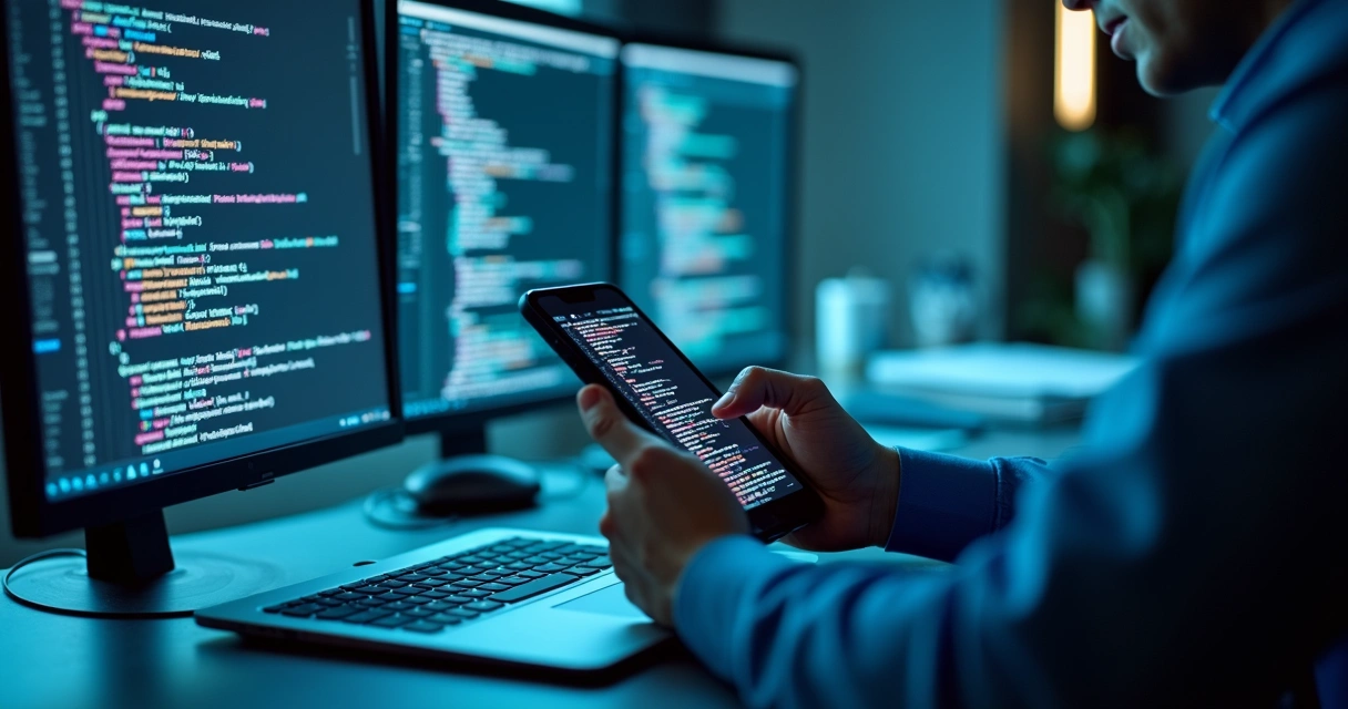 Perito analisando celular e laptop com evidências digitais
