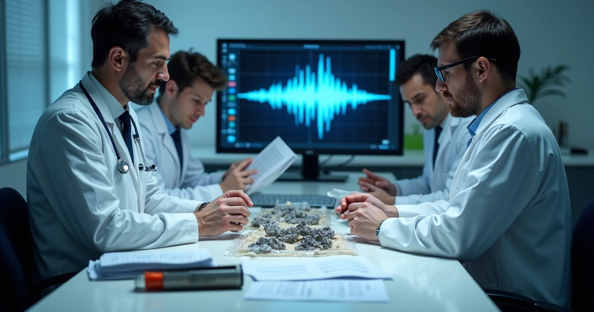 Equipe forense examinando evidências digitais e físicas 