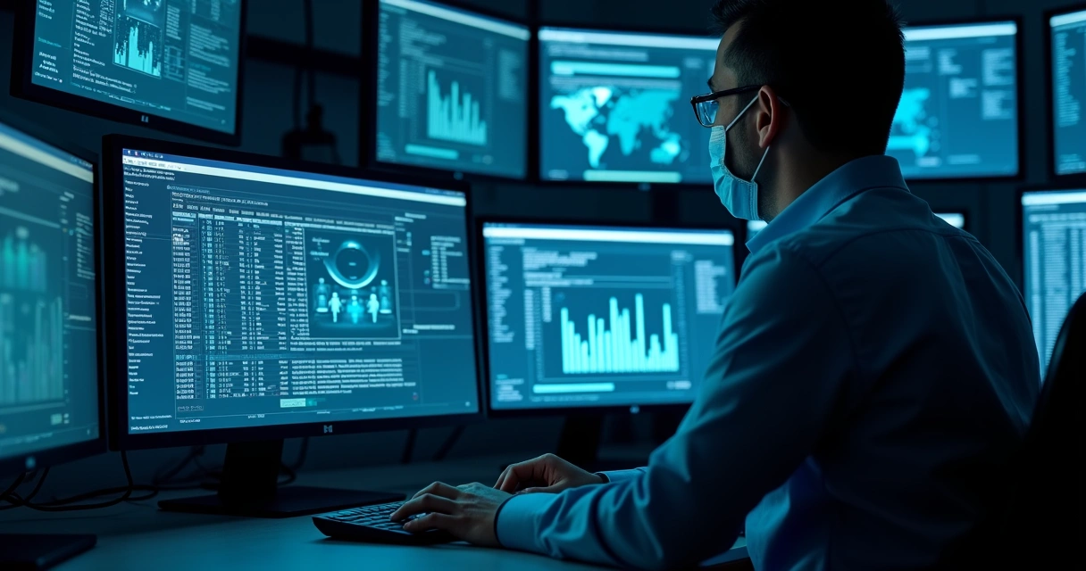 Profissional analisando logs digitais em várias telas para verificar contrato digital 