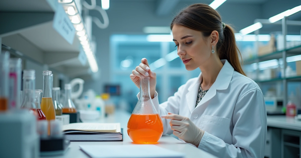 Farmacêutica analisando formulação de vitamina C manipulada com equipamentos de laboratório 