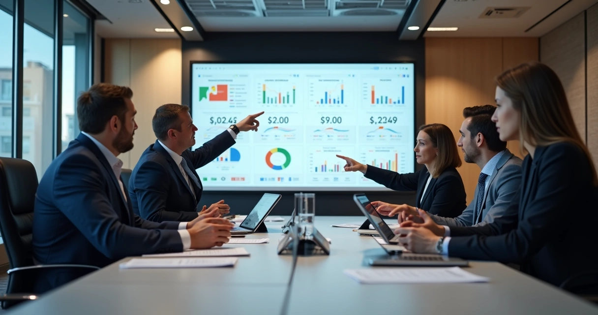 Equipe industrial avaliando desempenho de fornecedor em sala de reunião 