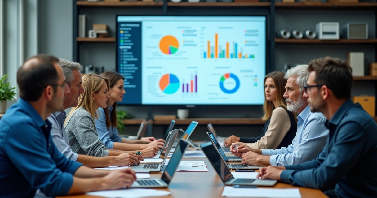 Equipe industrial analisando documentos de fornecedores em uma mesa 