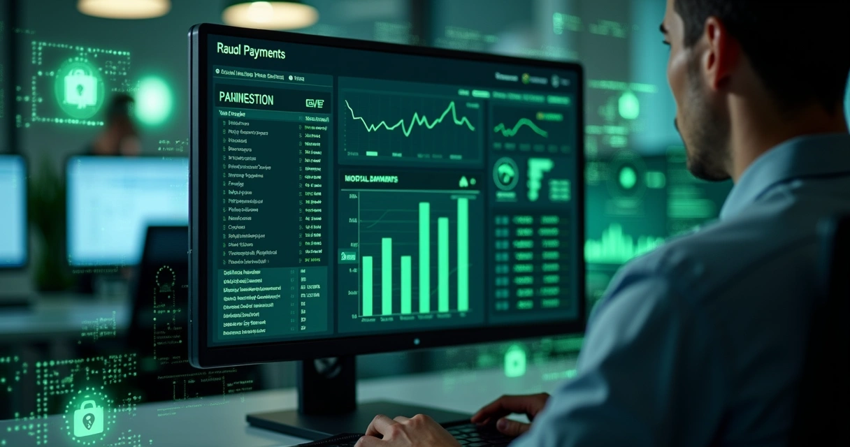 Monitor digital analisando transações financeiras para detectar fraudes em fintech 