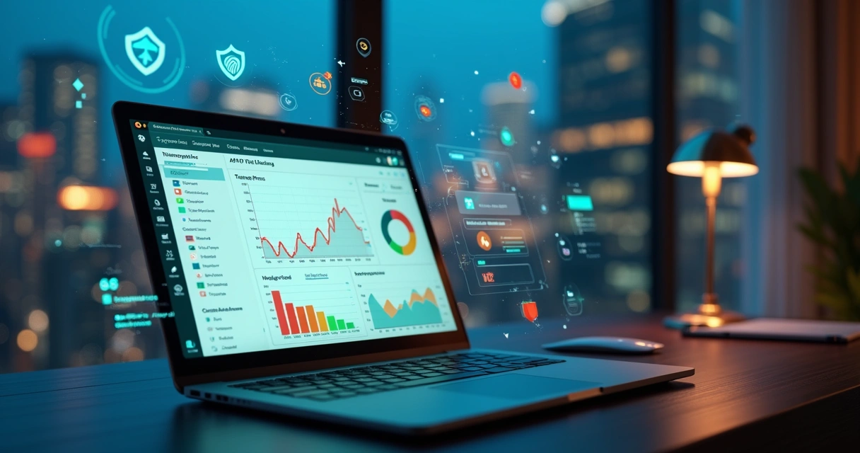 Dashboard de análise de fraude em pagamentos online em notebook com ícones de segurança e gráficos de risco 