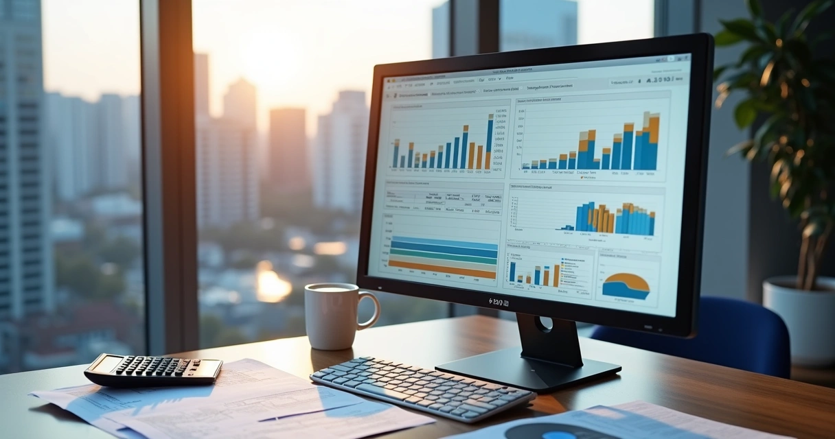 Mesa de trabalho com tela de computador exibindo relatórios financeiros e gráficos de dados fiscais detalhados 