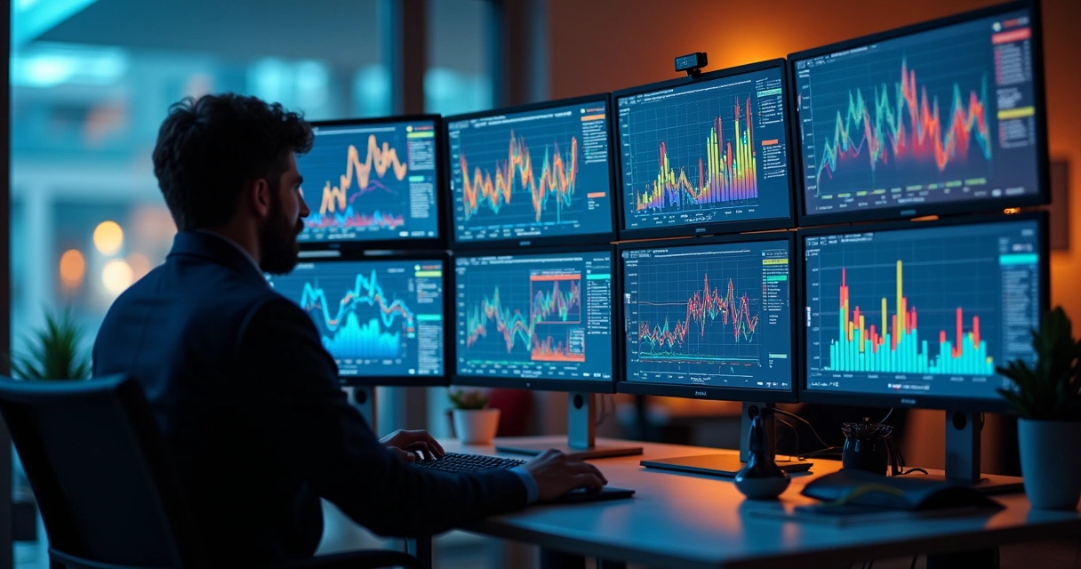 Analista de dados revisando comportamento de consumo em telas de computador 