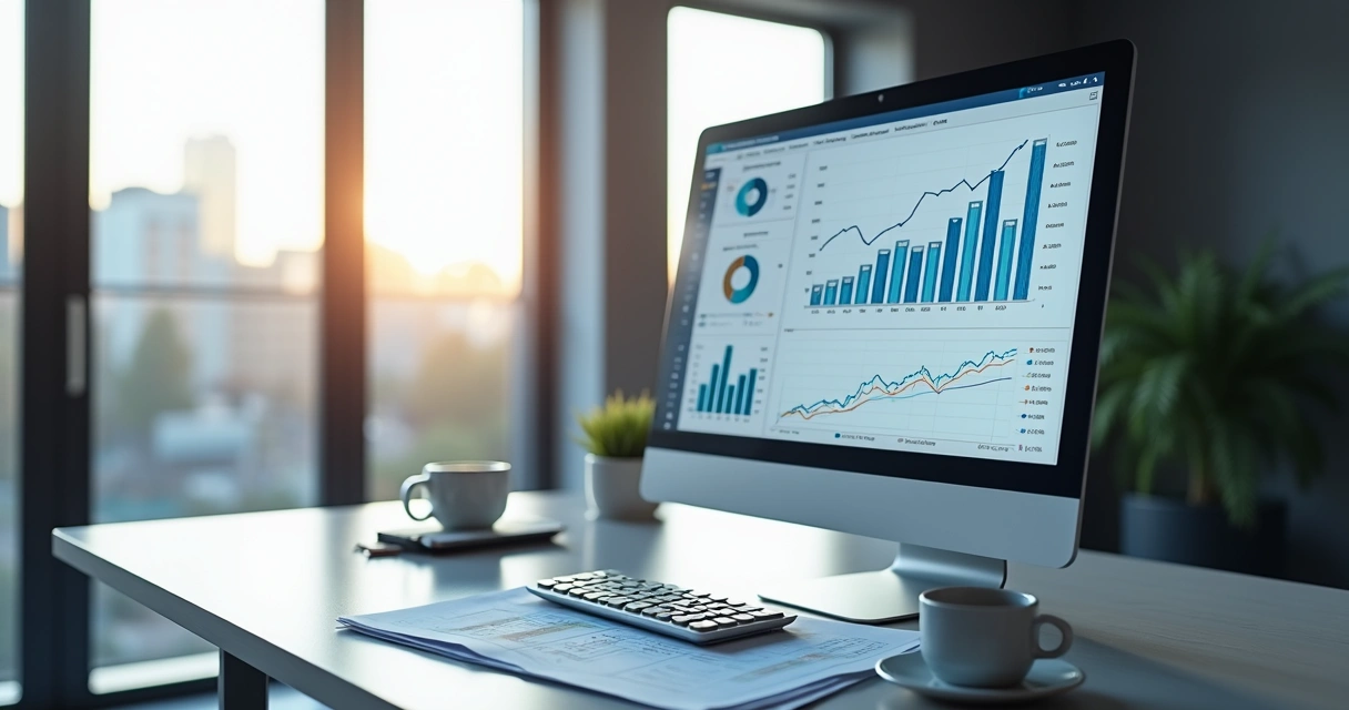 Computador exibindo gráficos financeiros detalhados com tabelas de benchmarking ao lado