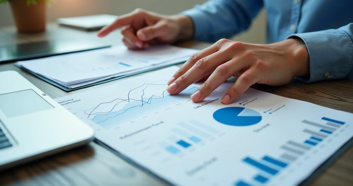 Pessoa analisando relatório de fundo de previdência com gráficos 