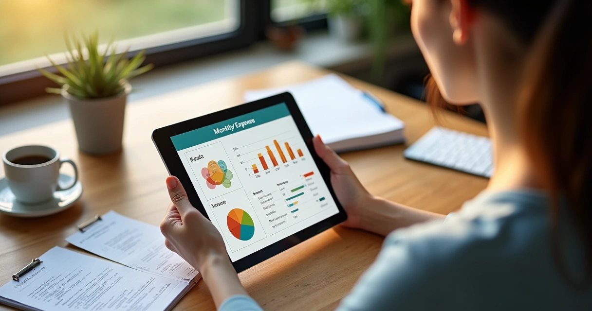 Pessoa analisando relatório de gastos mensal no tablet com gráficos coloridos