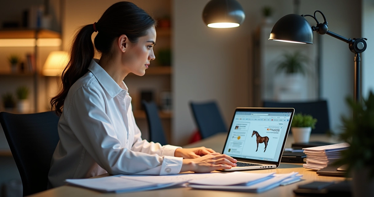 Técnico analisando documentos de pedigree de cavalo com laptop e papéis 
