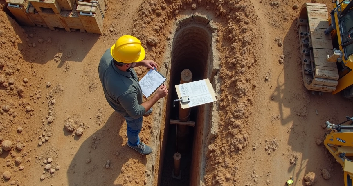Técnico examinando seção do solo na construção 