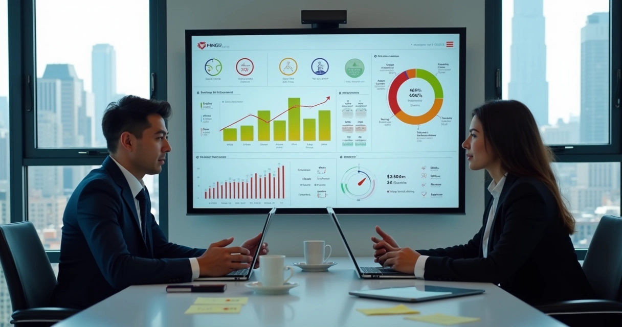 Gestores analisando dados financeiros em dashboard 