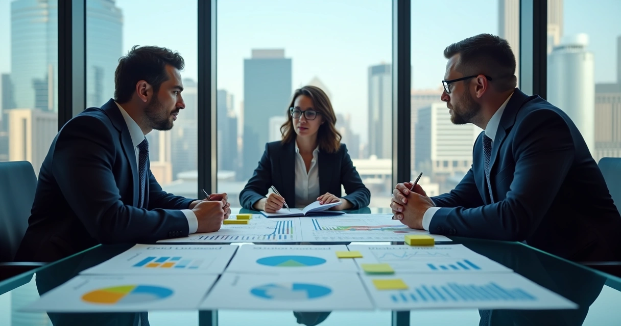 Profissionais analisando indicadores financeiros em reuniões empresariais 