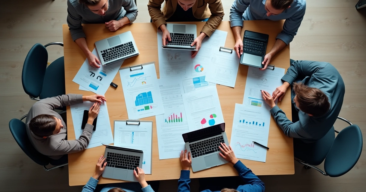 Equipe de negócios analisando gráficos e relatórios em mesa de reunião 