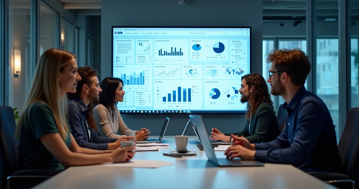 Equipe analisa dados de marketing em uma tela com gráficos