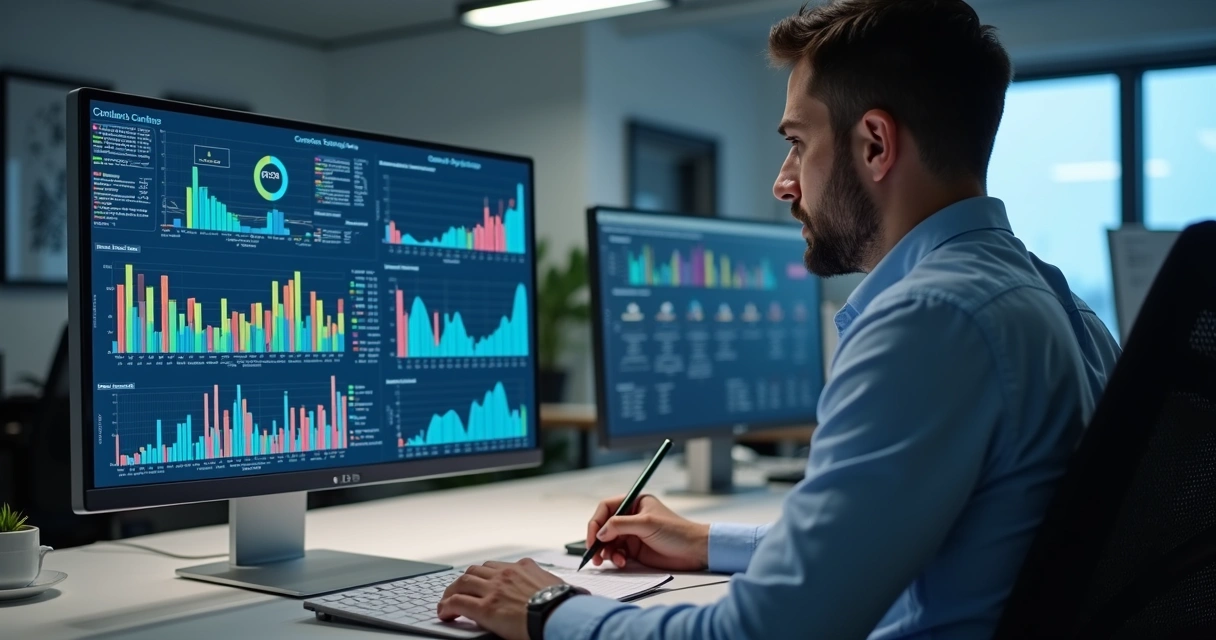 Profissional analisando indicadores e métricas de contratos em tela de computador 