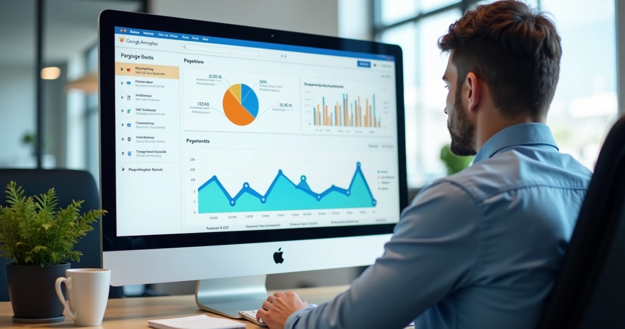 Pessoa analisando relatórios do Google Analytics num monitor claro 