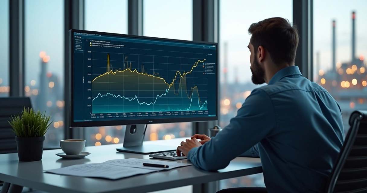 Gestor industrial analisa gráfico de falha de equipamentos em tela de computador 