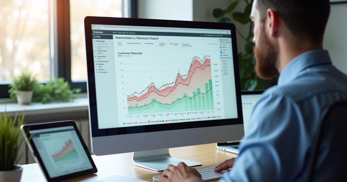 Profissional analisa gráfico de retenção em tela com dados de clientes 