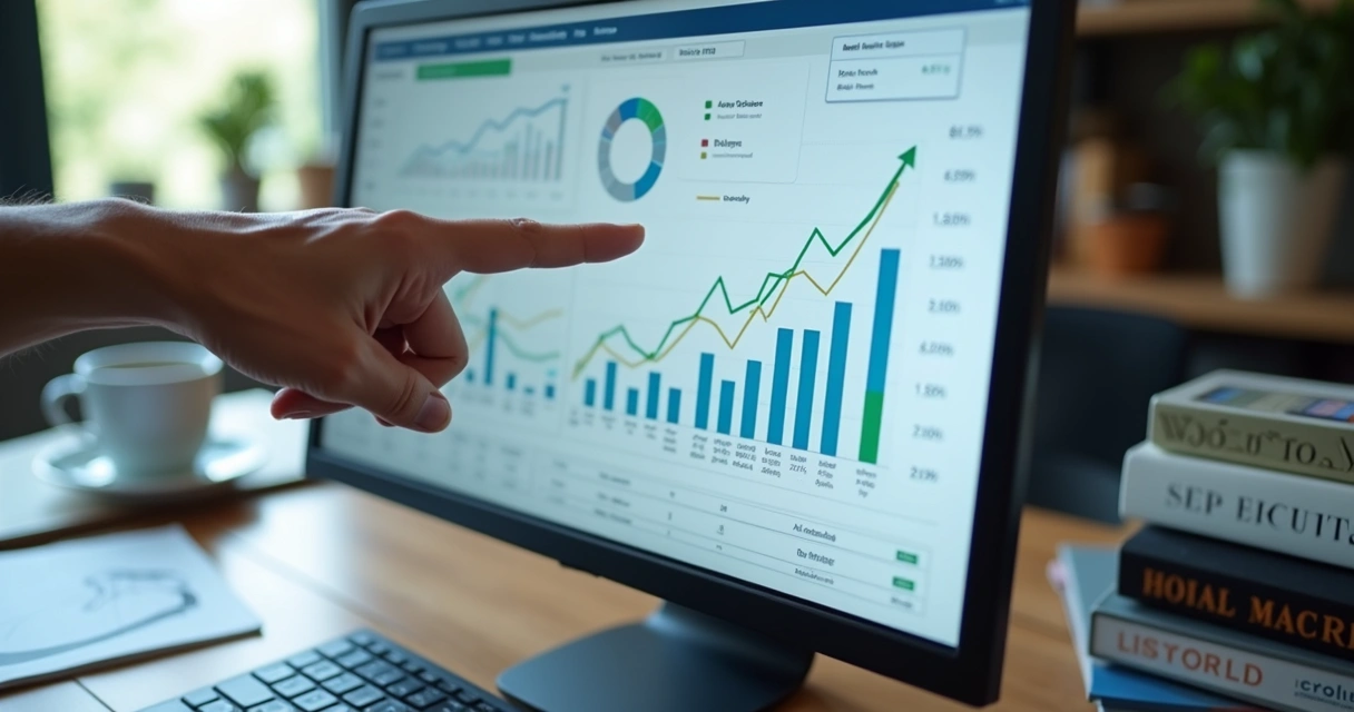 Mão apontando gráfico de desempenho SEO em tela de computador 