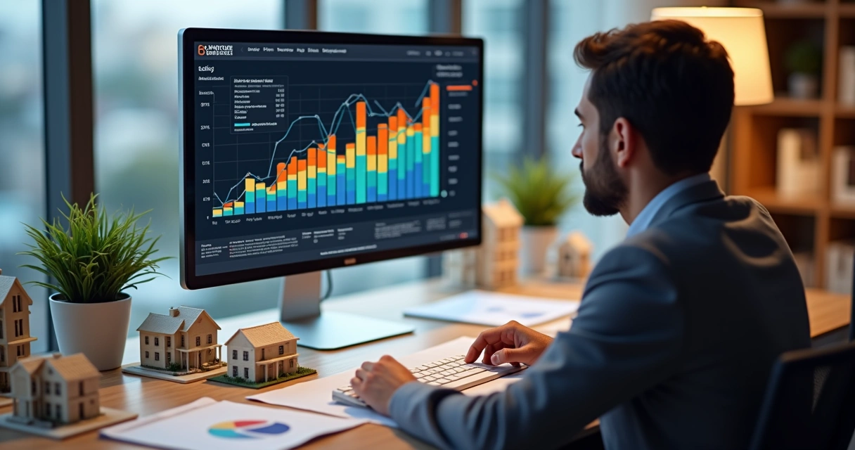 Pessoa analisando gráfico de desempenho imobiliário em tela de computador