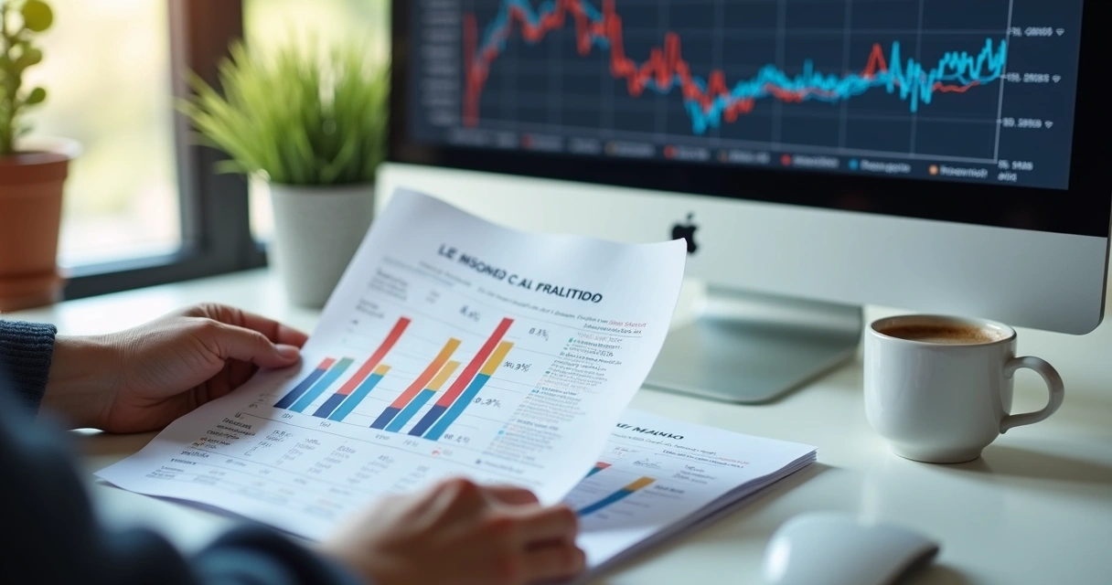 Pessoa segurando gráficos coloridos de apostas políticas em monitor 