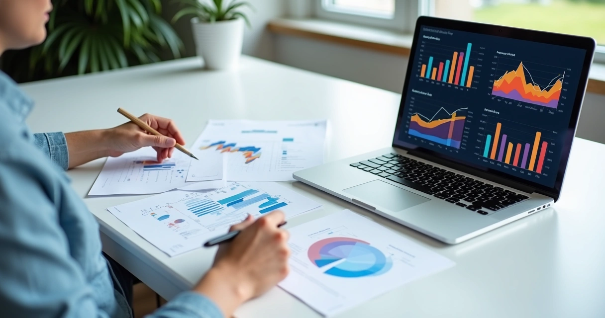 Gráficos de vendas exibidos em tela de laptop e papel, com anotações à mão ao lado 