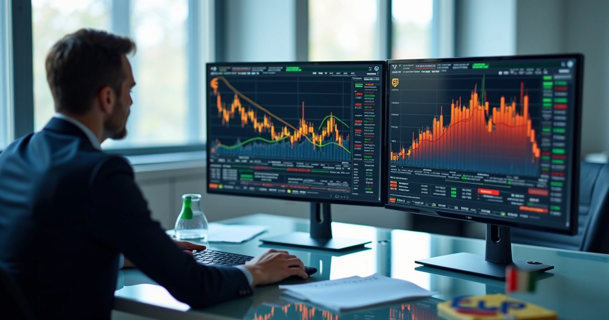 Profissional analisando gráficos financeiros em várias moedas 