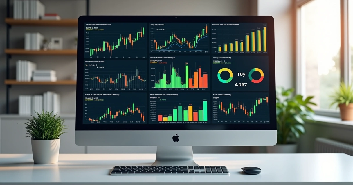 Tela com gráficos financeiros coloridos e indicadores de análise de dados 