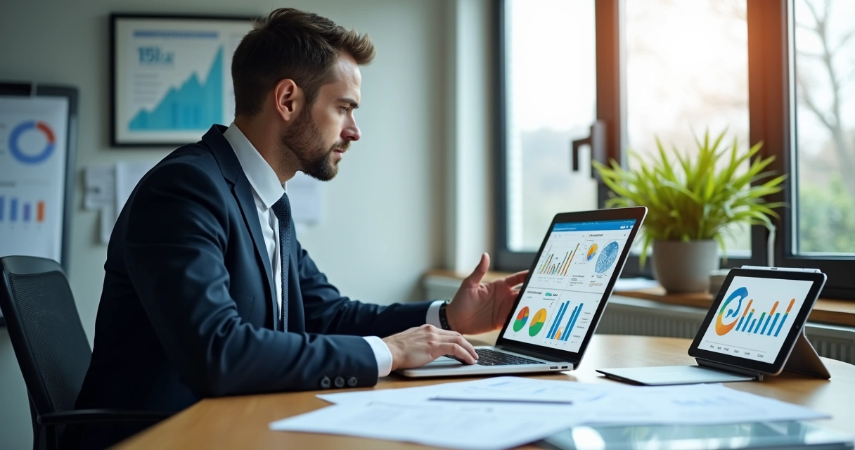 Profissional analisando gráficos em notebook de mesa 