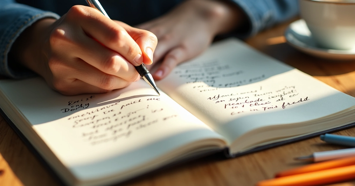 Mão escrevendo em caderno para análise grafológica 