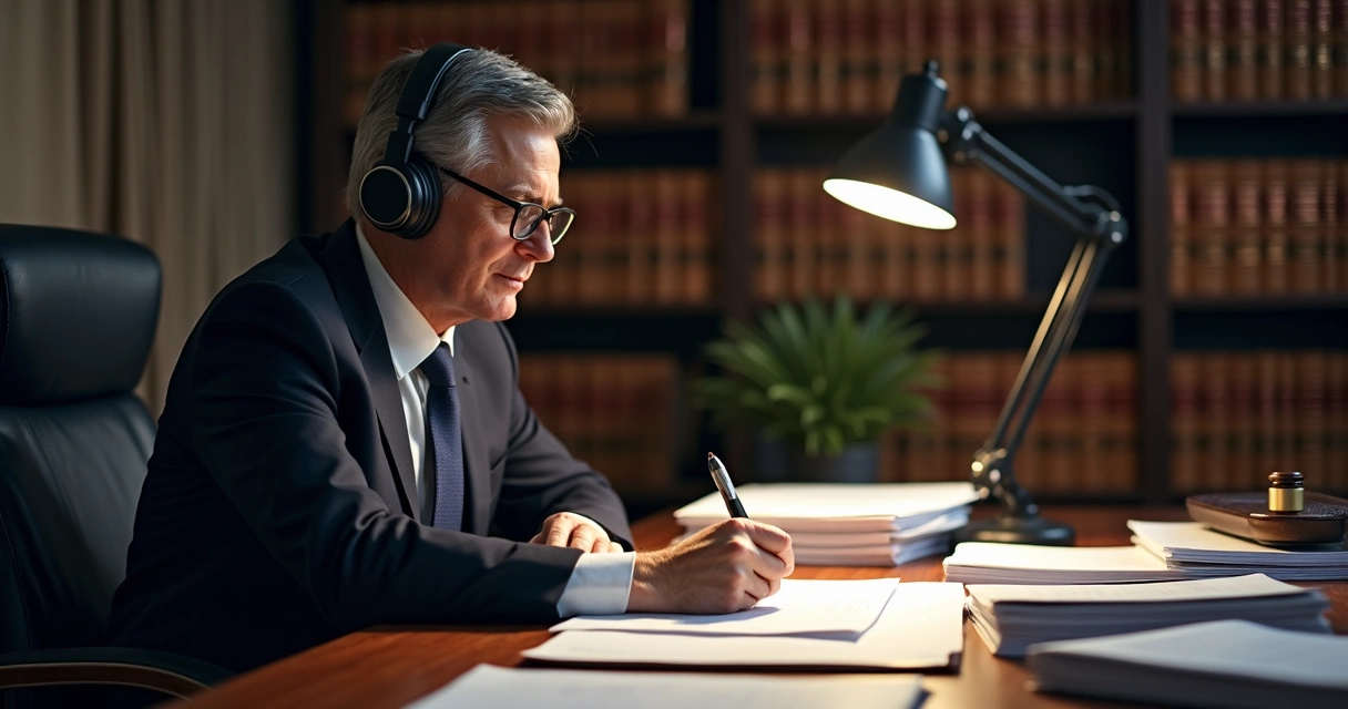 Advogado revisando gravações telefônicas com fones de ouvido e pilha de documentos jurídicos 