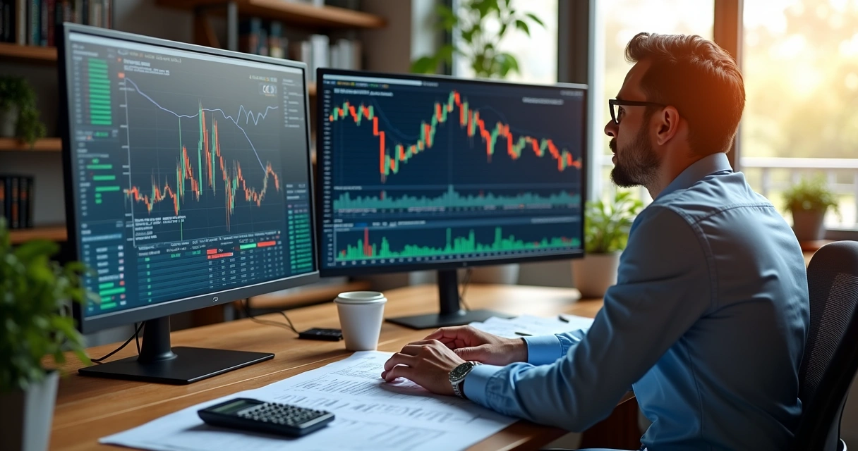 Profissional analisando gráficos financeiros de commodities em tela de computador com documentos e calculadora na mesa 