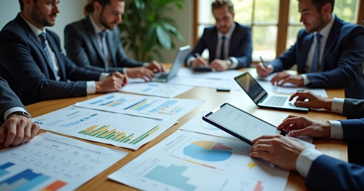 Vista de várias mãos analisando documentos e gráficos sobre fornecedores