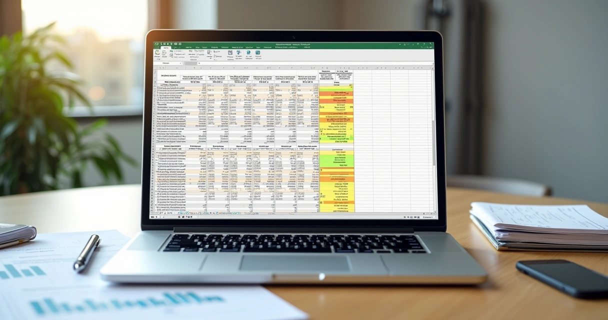 Planilha colorida de análise de preços de licitações públicas em notebook 