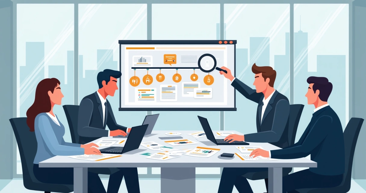 Equipe analisando documentos sindicais em mesa ampla 